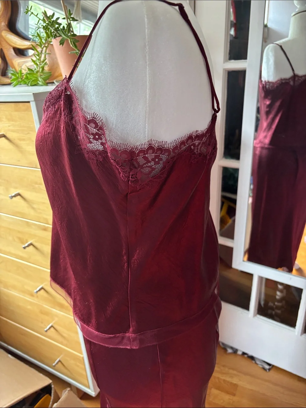 Matching set Jcrew, wine red lace trim cami and skirt with side slit